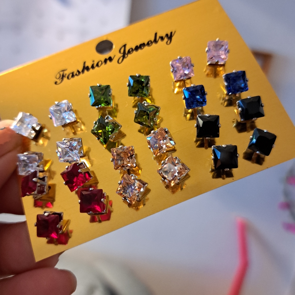 Fashion Jewelry Gold-Tone Multi-Color Square Stud Earring Set